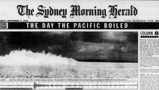 The front page of The Sydney Morning Herald on 7 September 1995 decrying French nuclear testing in the Pacific.