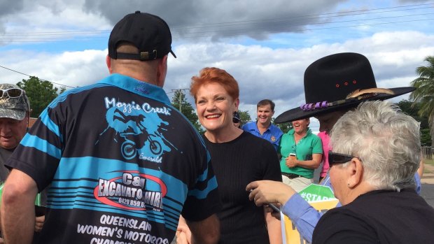 Pauline Hanson had a line of locals asking for selfies outside the Clermont Grand Hotel on Saturday afternoon.
