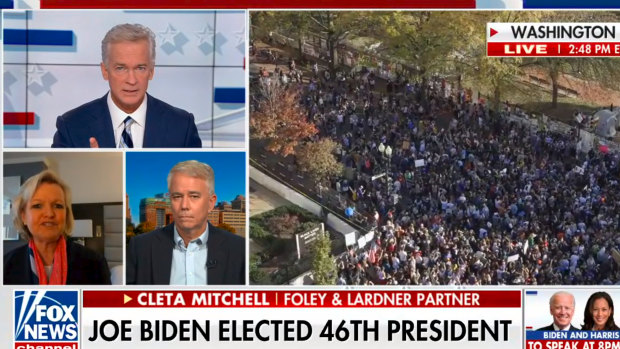 Fox News covers crowds massing to celebrate Joe Biden's win in the US election.