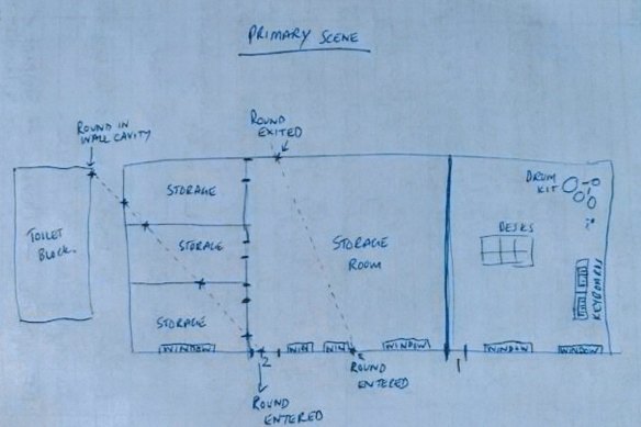 A diagram shown in court of the trajectory of two of the bullets. 