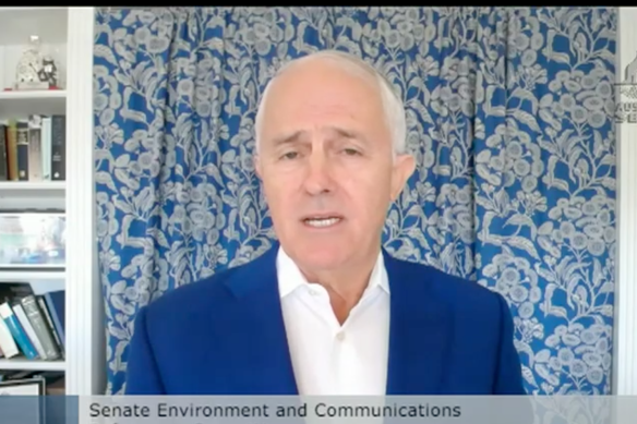 Former prime minister Malcolm Turnbull appears via videolink at a Senate committee.