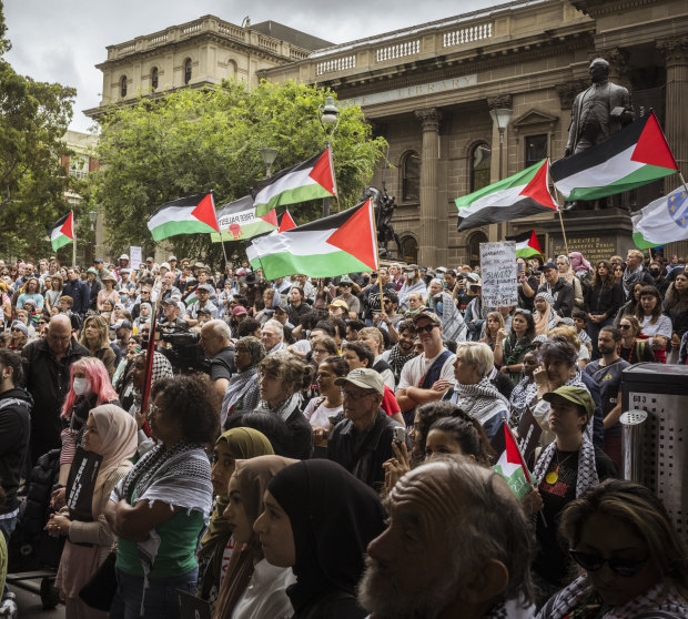 Pro-Palestinian protesters rally at the State Library of Victoria.