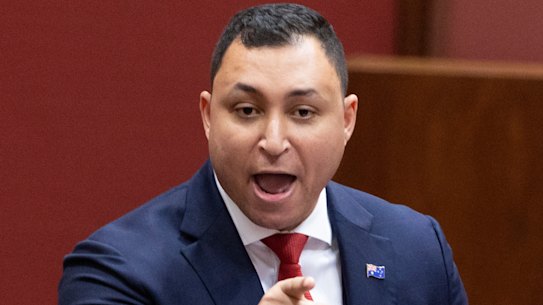 Senator Ralph Babet delivers his first speech in the Senate at Parliament House in Canberra on Wednesday 3 August 2022. fedpol Photo: Alex Ellinghausen