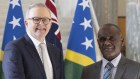 Prime Minister Anthony Albanese and Solomon Islands Prime Minister Jeremiah Manele after signing the visitors’ books.