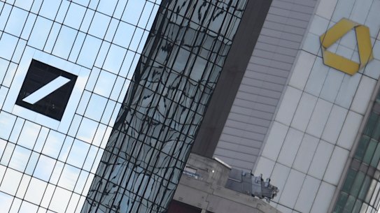 The head offices of Deutsche Bank, left, and Commerzbank.