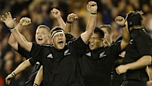 The All Blacks celebrate Bledisloe Cup victory over the Wallabies in 2003.