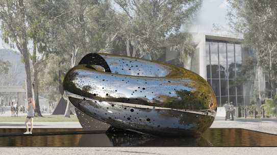 A digitally rendered image shows how Lindy Lee’s Ouroboros sculpture will look in the National Gallery of Australia garden.