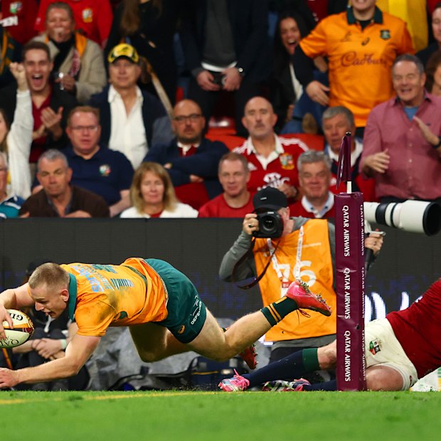 Max Jorgensen scores against the British and Irish Lions in Brisbane.