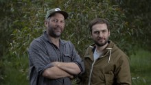 Farmer Mark Foletta, left, and chef Stephen Nairn pictured amid Alpine gums on Foletta’s farm. 