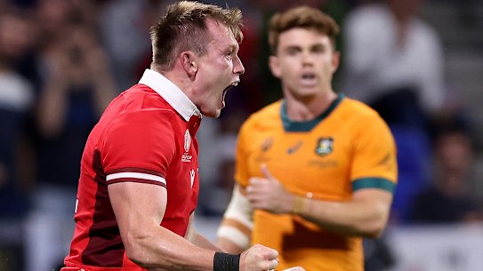 LYON, FRANCE - SEPTEMBER 24: Nick Tompkins of Wales celebrates scoring his team’s second try during the Rugby World Cup France 2023 match between Wales and Australia at Parc Olympique on September 24, 2023 in Lyon, France. (Photo by Alex Livesey/Getty Images)
