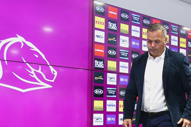 Anthony Seibold leaves after confirming he had stepped down as Broncos coach.
