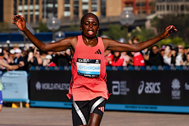 Kenya’s Peres Jepchirchir winning the 2026 Sydney Marathon.