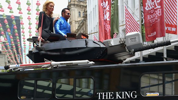Napoleon Perdis atop his army tank launching into Myer in 2013.