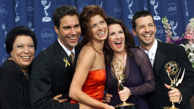 Will and Grace team: Shelley Morrison, Eric McCormack, Debra Messing, Megan Mullally and Sean Hayes celebrate their wins at the 2000 Emmy Awards in Los Angeles.