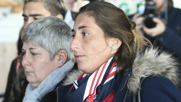 Sala's mother Mercedes, left and sister Romina, right, arrive back at Guernsey airport after taking a flight to view the area of the English Channel where the plane was last seen.