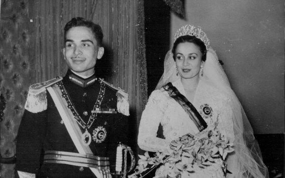 King Hussein, the 19-year-old ruler of Jordan, with his bride and Queen, Princess Dina Abdul Hamid, 1955.