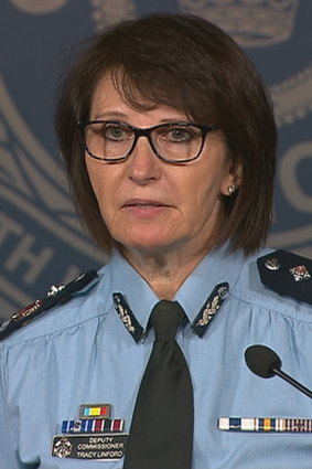 Queensland police Deputy Commissioner Tracy Linford addresses the media.