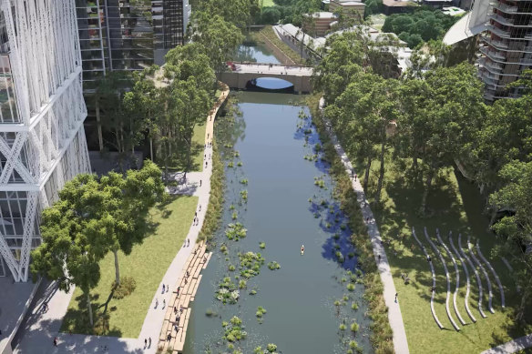 An artist’s impression of a revitalised Parramatta River, which western Sydney leaders believe can be a destination like New York’s Central Park.