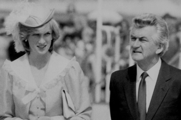 Princess Diana and Bob Hawke at the farewell to the royal couple from Canberra. March 25, 1983. 