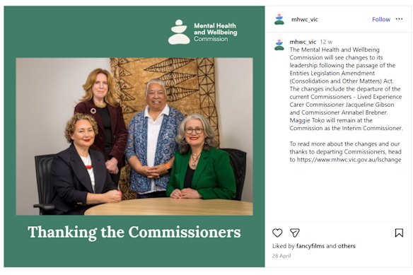 An Instagram post from the Mental Health and Wellbeing Commission on April 28, 2026 – the day an act of parliament eliminated the role of the commissioners.