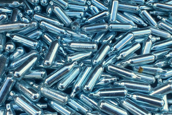 Nitrous oxide is often sold in small metal canisters.