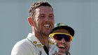 Australia’s Josh Hazlewood, centre, celebrates taking the wicket of West Indies’ Brandon King on day three of the first cricket Test match at Kensington Stadium.