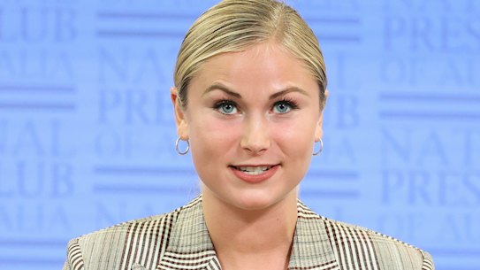 Grace Tame addresses the National Press Club on Wednesday.