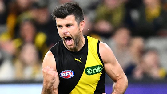 Trent Cotchin celebrates a goal.