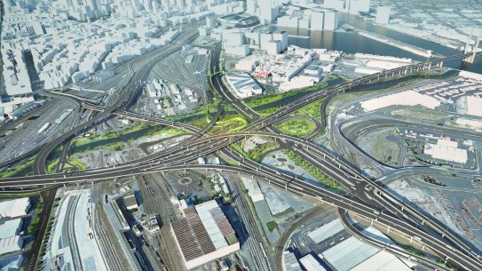 An aerial artist's impression of the proposed series of flyovers to be built as part of the West Gate Tunnel. 