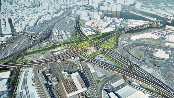An artist's impression of the proposed series of flyovers to be built as part of the West Gate Tunnel. 