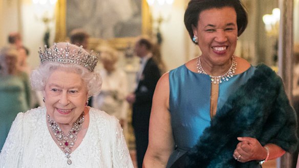 Baroness Scotland with the Queen during the Commonwealth Heads of Government Meeting (CHOGM) in London in 2018.