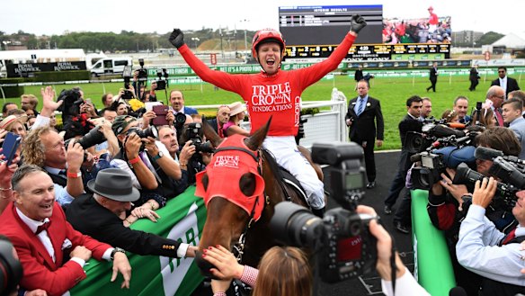 Everest winner: Kerrin McEvoy  celebrates after winning The Everest on Redzel last year.