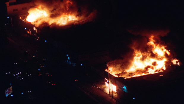 Central Los Angeles burns during the riots.