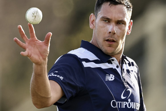 Paceman Scott Boland in action for Victoria during a Marsh Cup match last week.