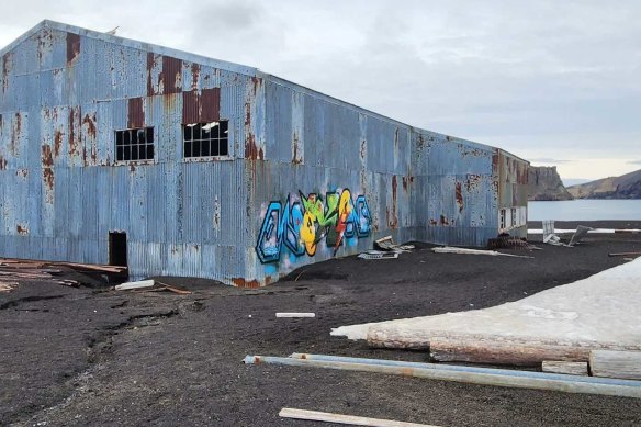 Graffiti on a historic building on at Whaler’s Bay, Deception Island in Antarctica.