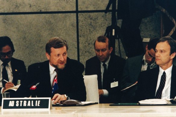Then foreign minister Gareth Evans (left) representing Australia at the Paris conference on Cambodia on October 23, 1991, at which the Paris Peace Agreement was signed.