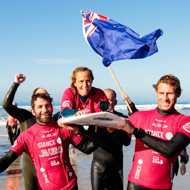 Winning the adaptive surfing world championships in California in 2018.