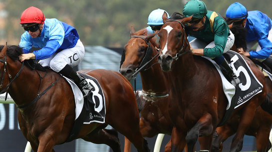 Tim Clark rides Prost to victory in the Canonbury Stakes on Saturday.