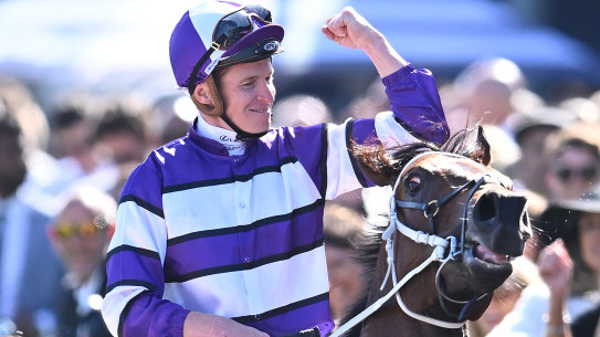 James McDonald returns to scale on Riff Rocket after winning the Victoria Derby.