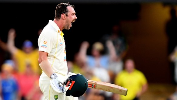 Travis Head celebrates his Gabba century.