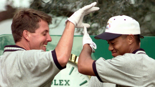 Controversial pairing: Phil Mickelson and Tiger Woods in 1997.