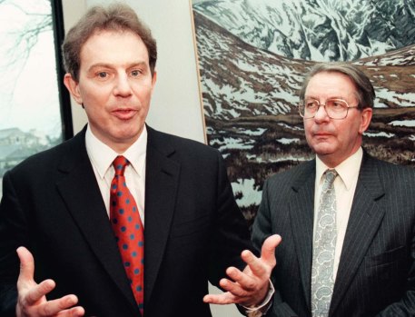 Labour leader Tony Blair (left) meets Professor Philip James at the Scottish Labour Party conference in Inverness, 1997.