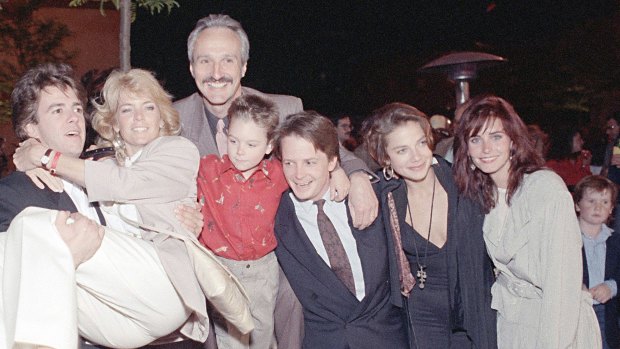 Scott Valentine, Meredith Baxter Birney, Michael Gross, Brian Bonsall, Michael J. Fox, Justine Bateman and Courteney Cox celebrate the seventh and final season of `Family Ties`