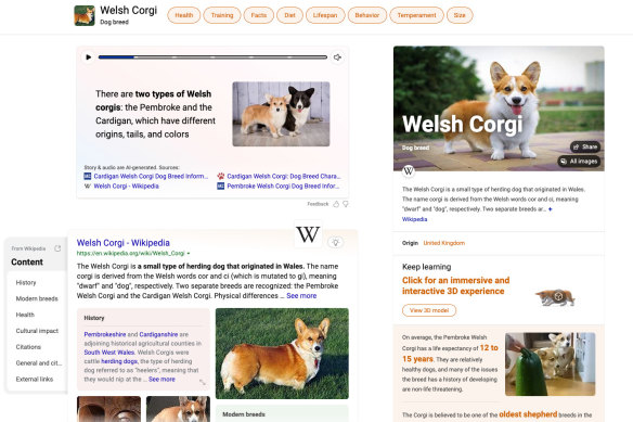 New AI-powered elements in Bing search results, including a story at the top and knowledge cards on the right-hand side.