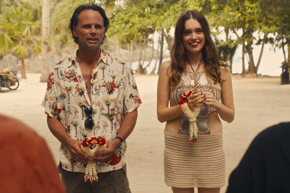 Walton Goggins as Rick Hatchett and Aimee Lou Wood as Chelsea in season three of The White Lotus.