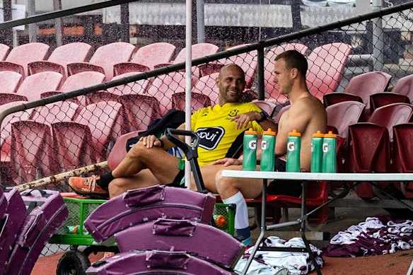 Queensland captain Daly Cherry-Evans and Origin I referee Ashley Klein chat at Brookvale recently.