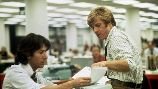 Robert Redford, right, and Dustin Hoffman portray Washington Post reporters Bob Woodward and Carl Bernstein in the movie, All the President's Men.