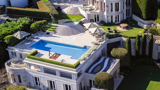 The seven-bedroom, 13-bathroom mansion is set on the Vaucluse hillside.