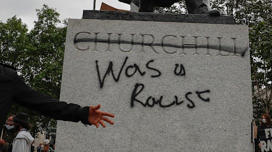 The statue of Winston Churchill in Parliament Square, London on Sunday.