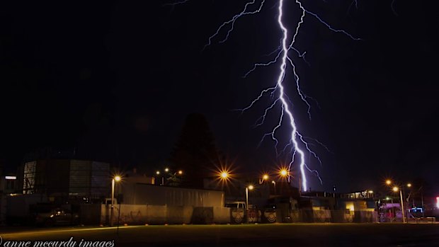A bolt of lightning over Portland, south-west Victoria, during a massive dry electrical storm just after midnight Friday. 